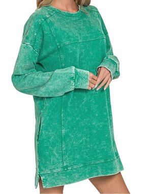 French Terry Acid Washed Dress with Pockets in Forest